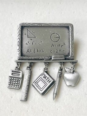 Vintage JJ Pewter Math Teacher Blackboard Brooch - Dangle Charms